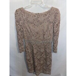Jackie Jon New York MIDI Dress Women’s Size 4 Beige Lace Sequin Faux Gem Floral